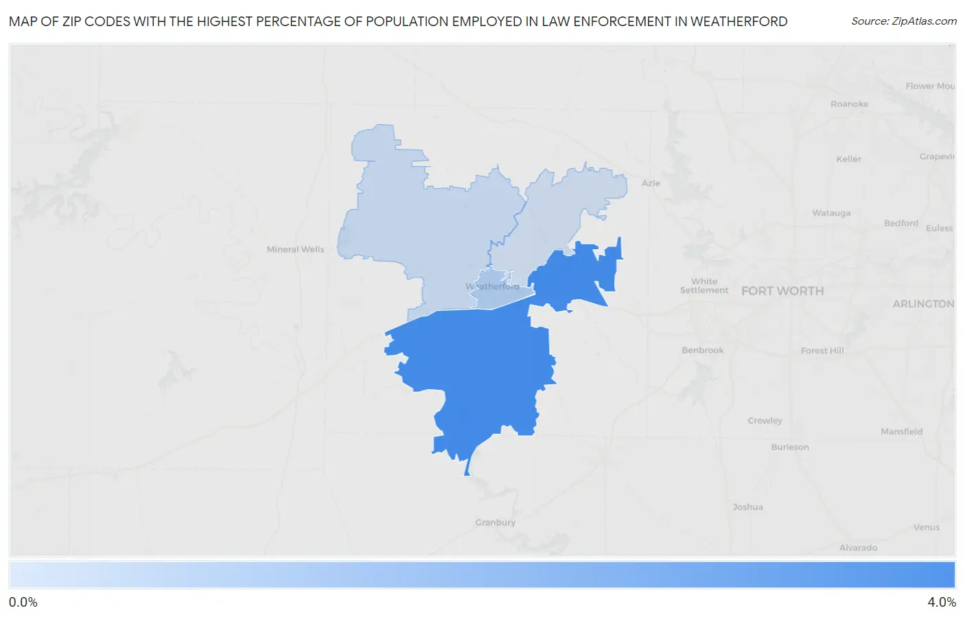 Zip Codes with the Highest Percentage of Population Employed in Law Enforcement in Weatherford Map