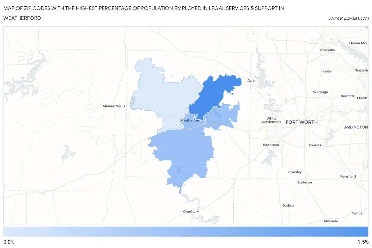 Zip Codes with the Highest Percentage of Population Employed in Legal Services & Support in Weatherford Map