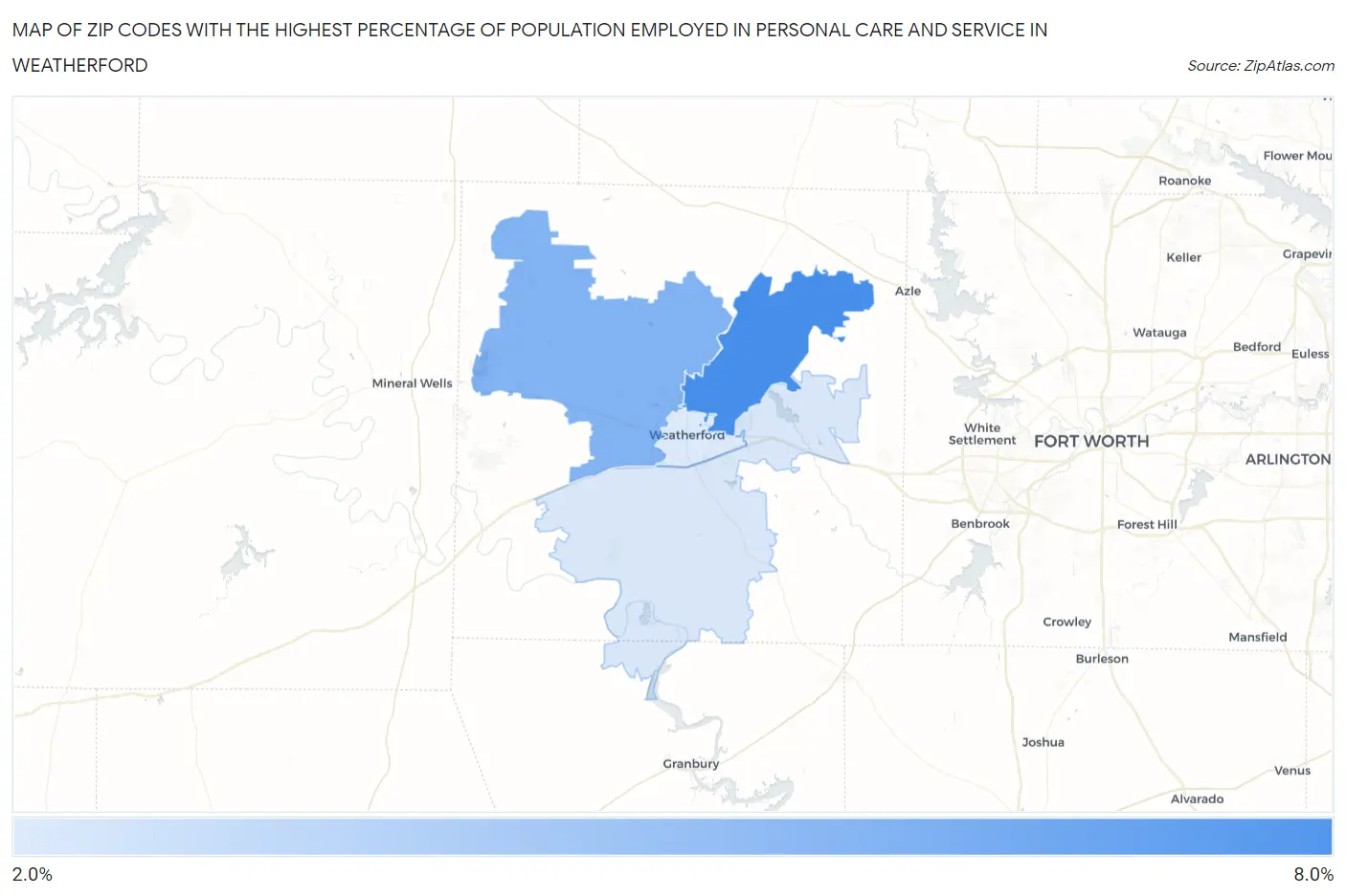 Zip Codes with the Highest Percentage of Population Employed in Personal Care and Service in Weatherford Map