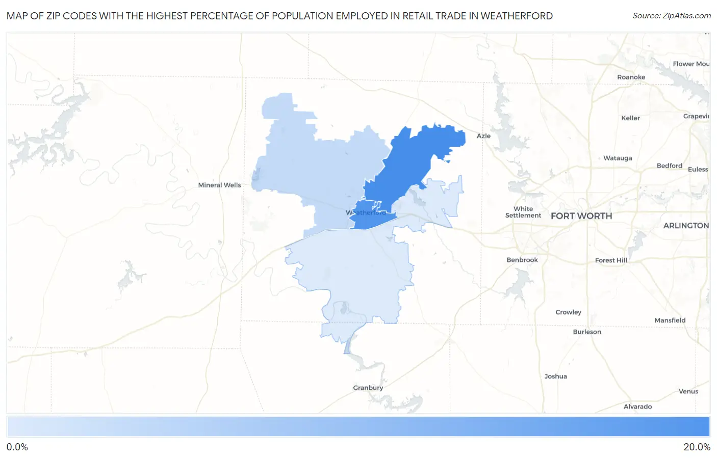 Zip Codes with the Highest Percentage of Population Employed in Retail Trade in Weatherford Map