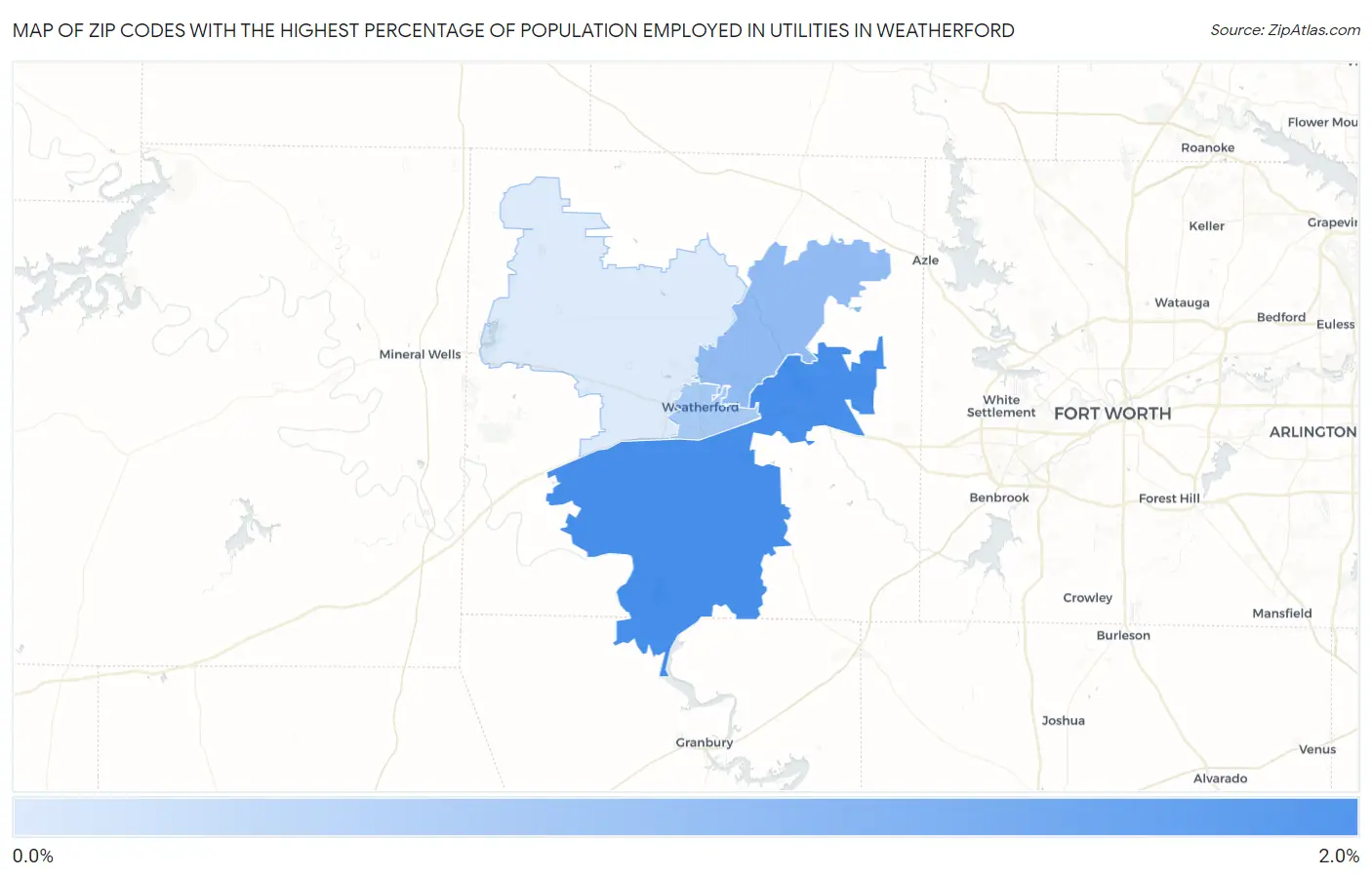 Zip Codes with the Highest Percentage of Population Employed in Utilities in Weatherford Map
