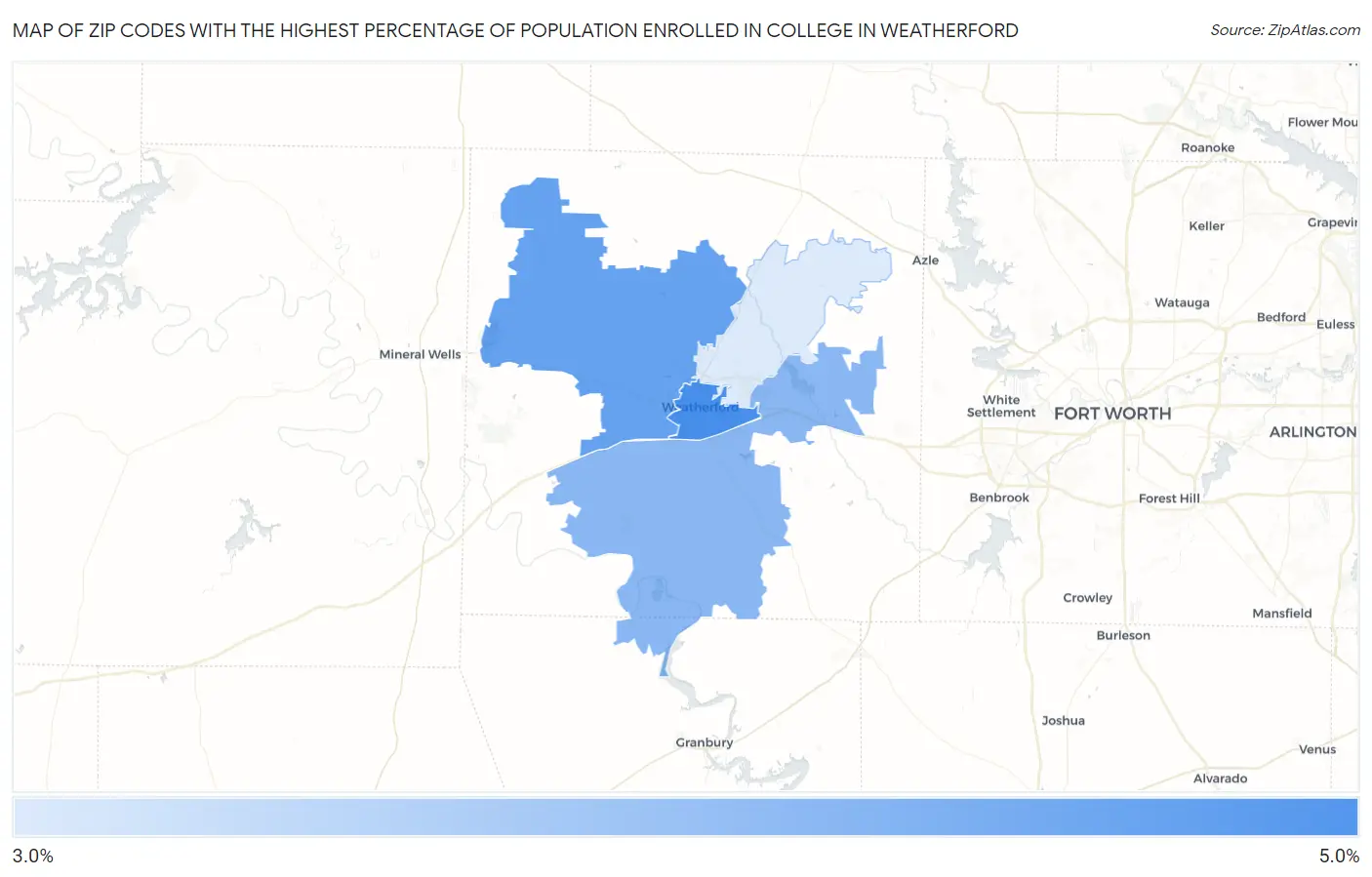 Zip Codes with the Highest Percentage of Population Enrolled in College in Weatherford Map
