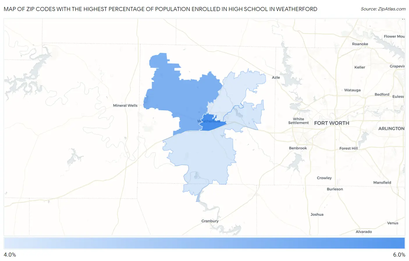 Zip Codes with the Highest Percentage of Population Enrolled in High School in Weatherford Map