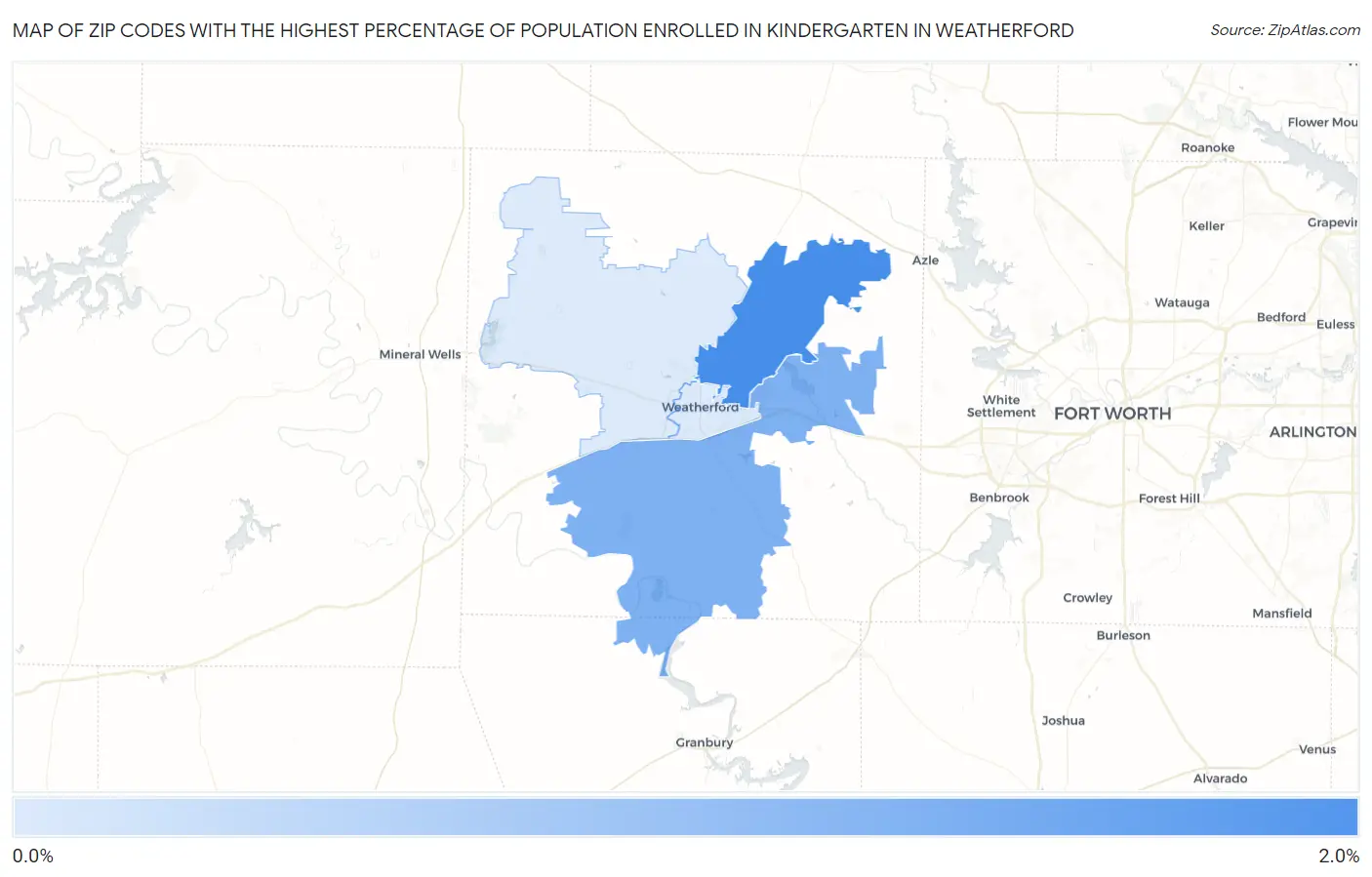 Zip Codes with the Highest Percentage of Population Enrolled in Kindergarten in Weatherford Map
