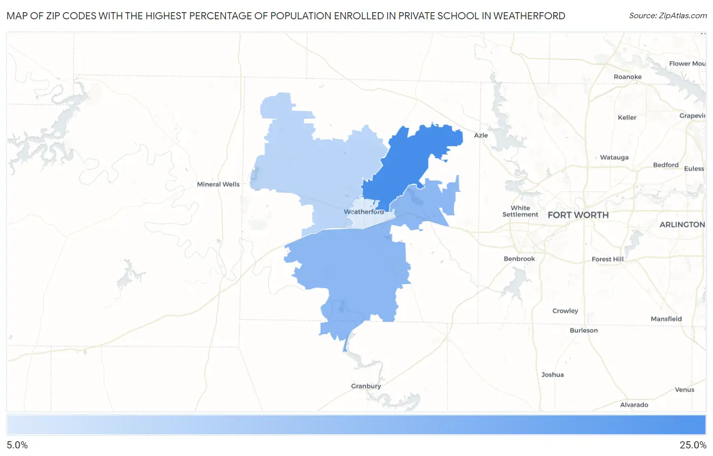 Zip Codes with the Highest Percentage of Population Enrolled in Private School in Weatherford Map
