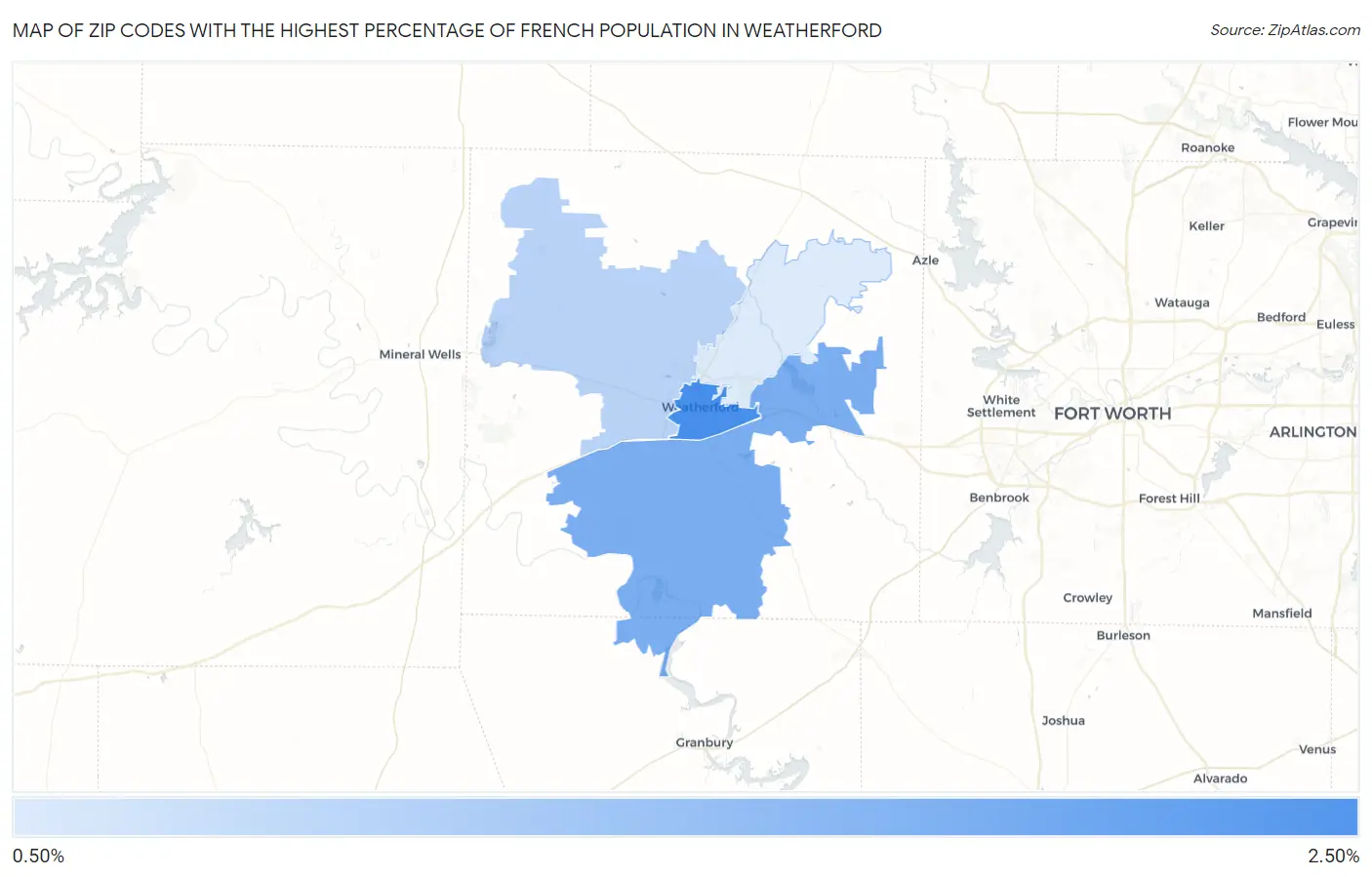 Zip Codes with the Highest Percentage of French Population in Weatherford Map