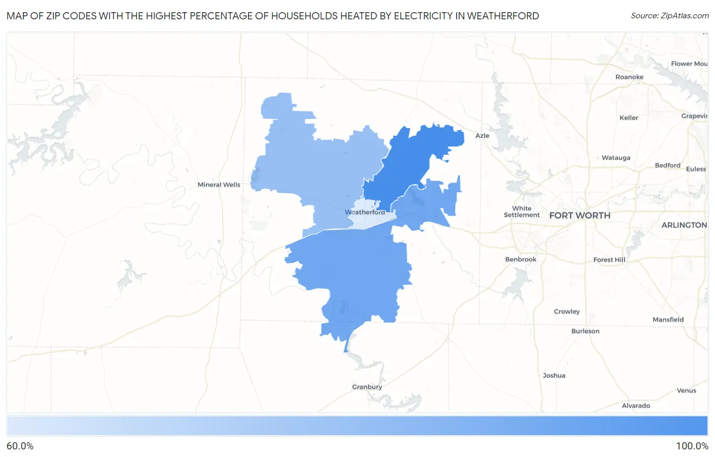 Zip Codes with the Highest Percentage of Households Heated by Electricity in Weatherford Map