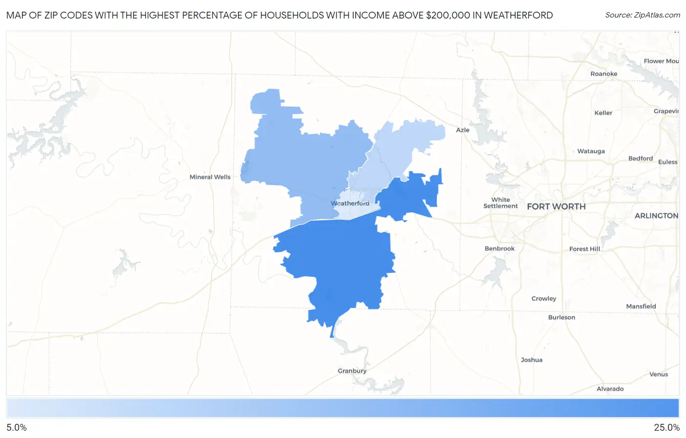 Zip Codes with the Highest Percentage of Households with Income Above $200,000 in Weatherford Map