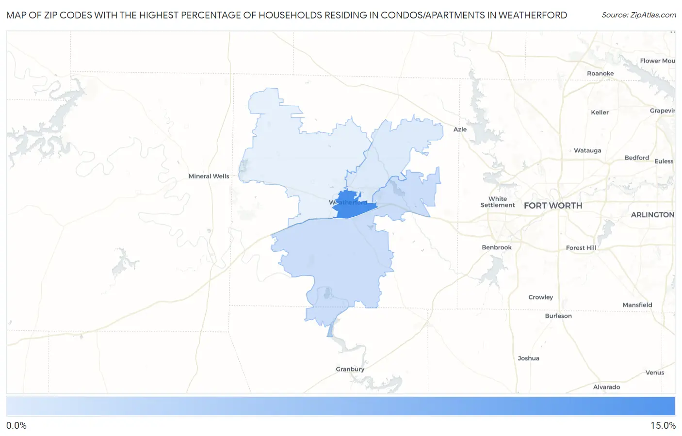 Zip Codes with the Highest Percentage of Households Residing in Condos/Apartments in Weatherford Map