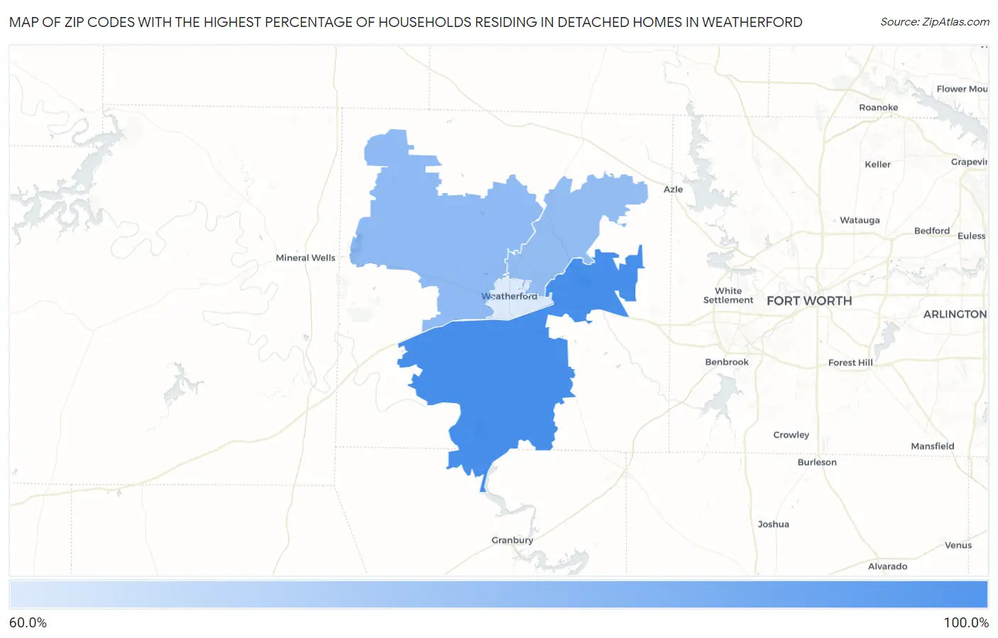 Zip Codes with the Highest Percentage of Households Residing in Detached Homes in Weatherford Map