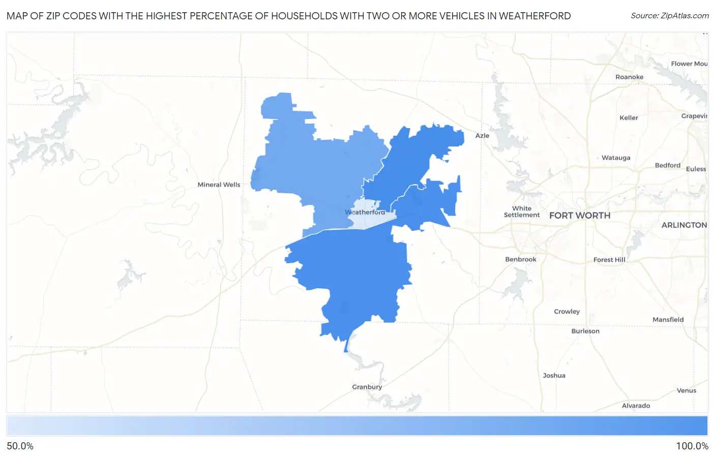 Zip Codes with the Highest Percentage of Households With Two or more Vehicles in Weatherford Map