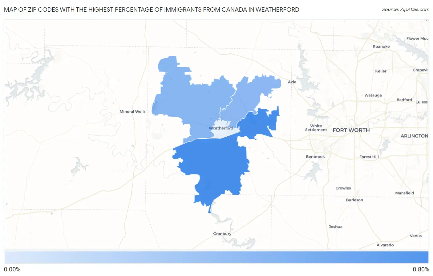 Zip Codes with the Highest Percentage of Immigrants from Canada in Weatherford Map