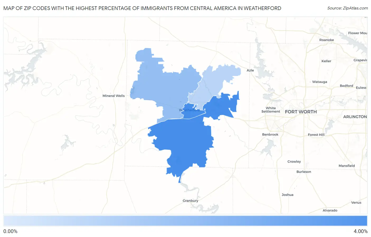 Zip Codes with the Highest Percentage of Immigrants from Central America in Weatherford Map