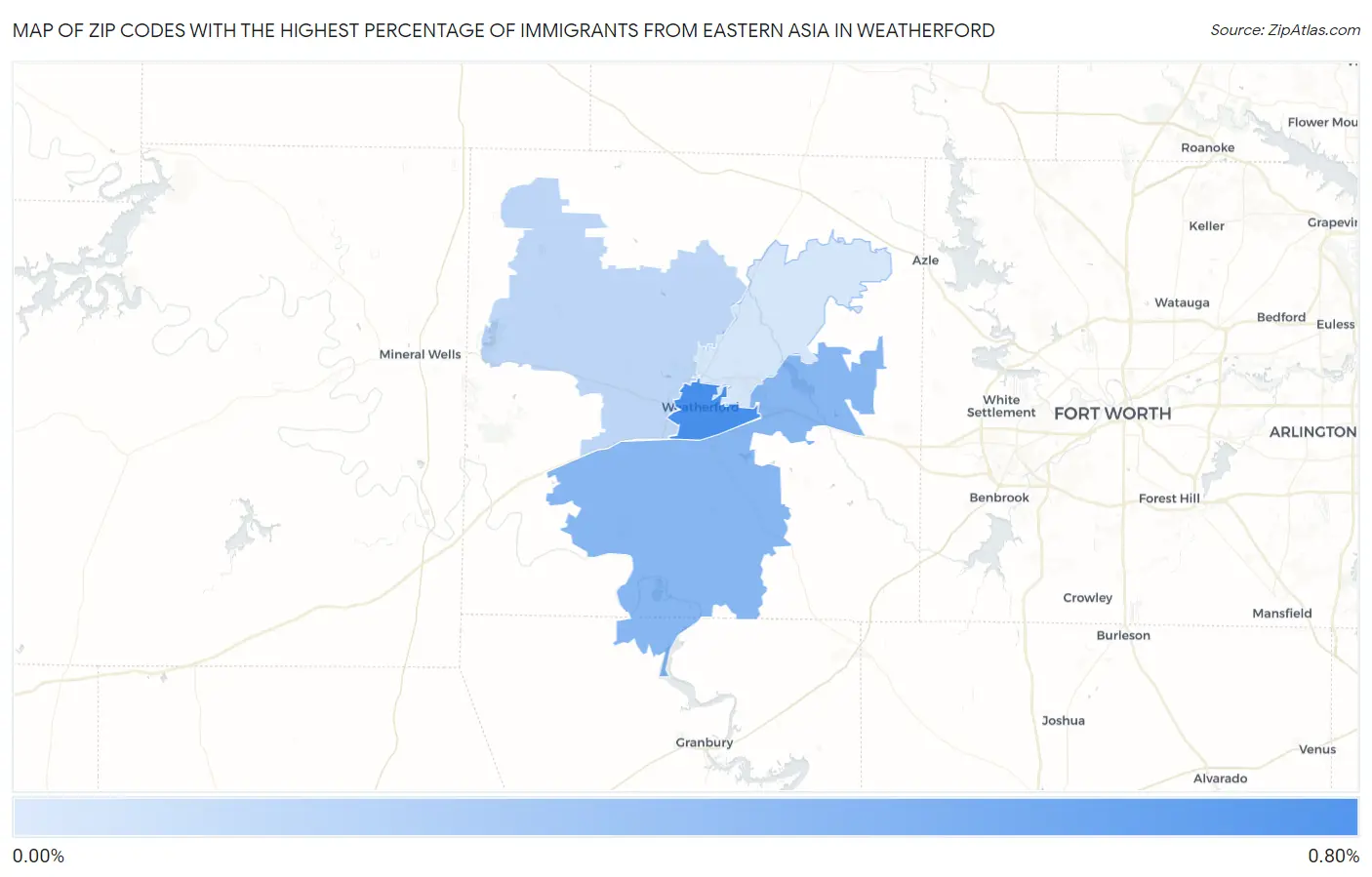 Zip Codes with the Highest Percentage of Immigrants from Eastern Asia in Weatherford Map