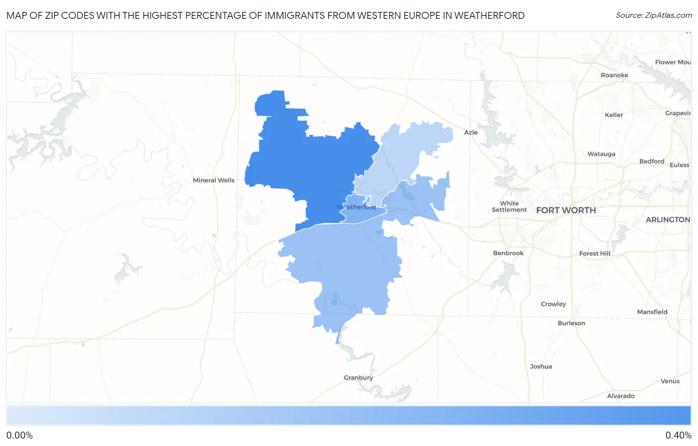 Zip Codes with the Highest Percentage of Immigrants from Western Europe in Weatherford Map