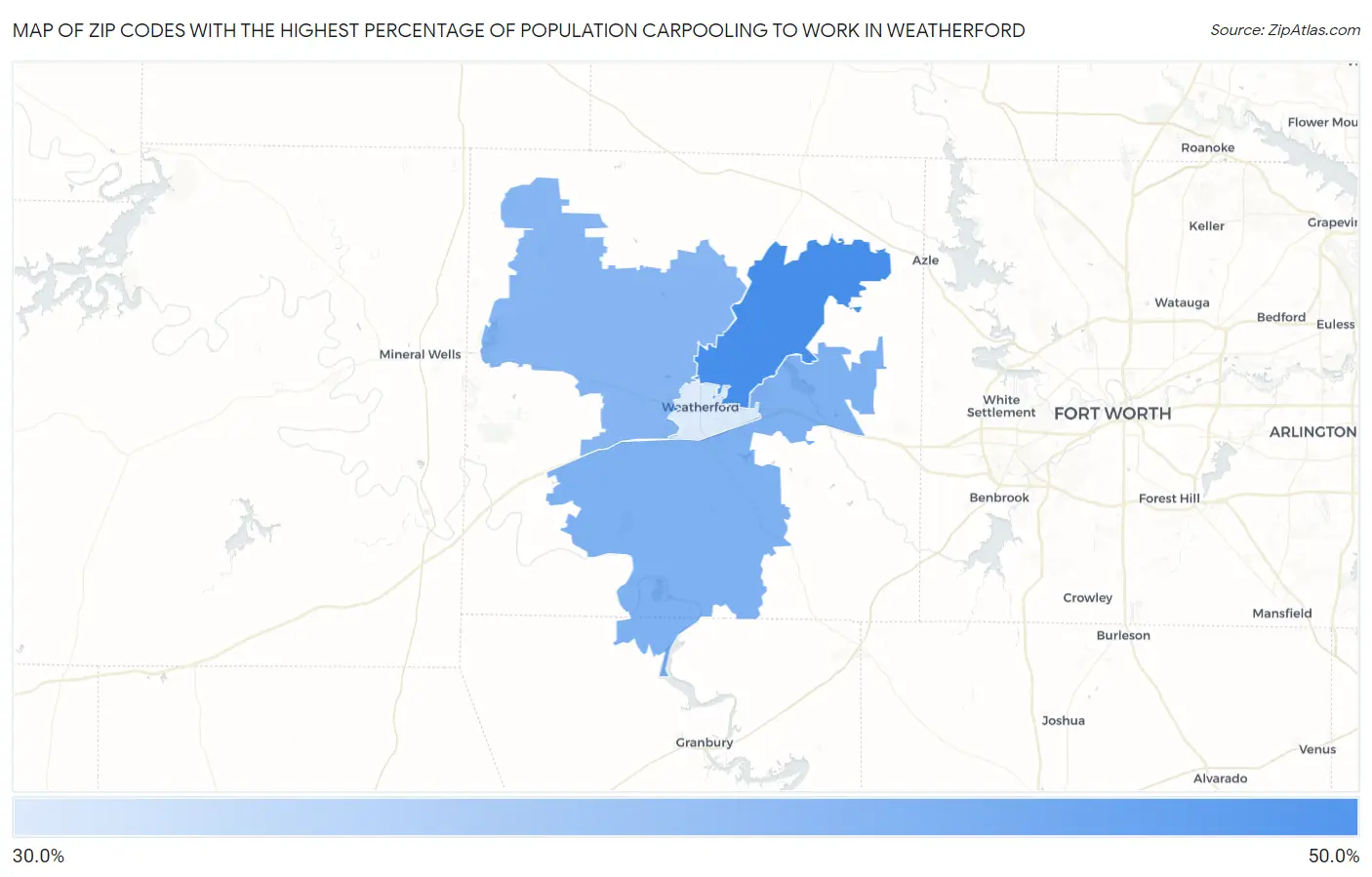 Zip Codes with the Highest Percentage of Population Carpooling to Work in Weatherford Map