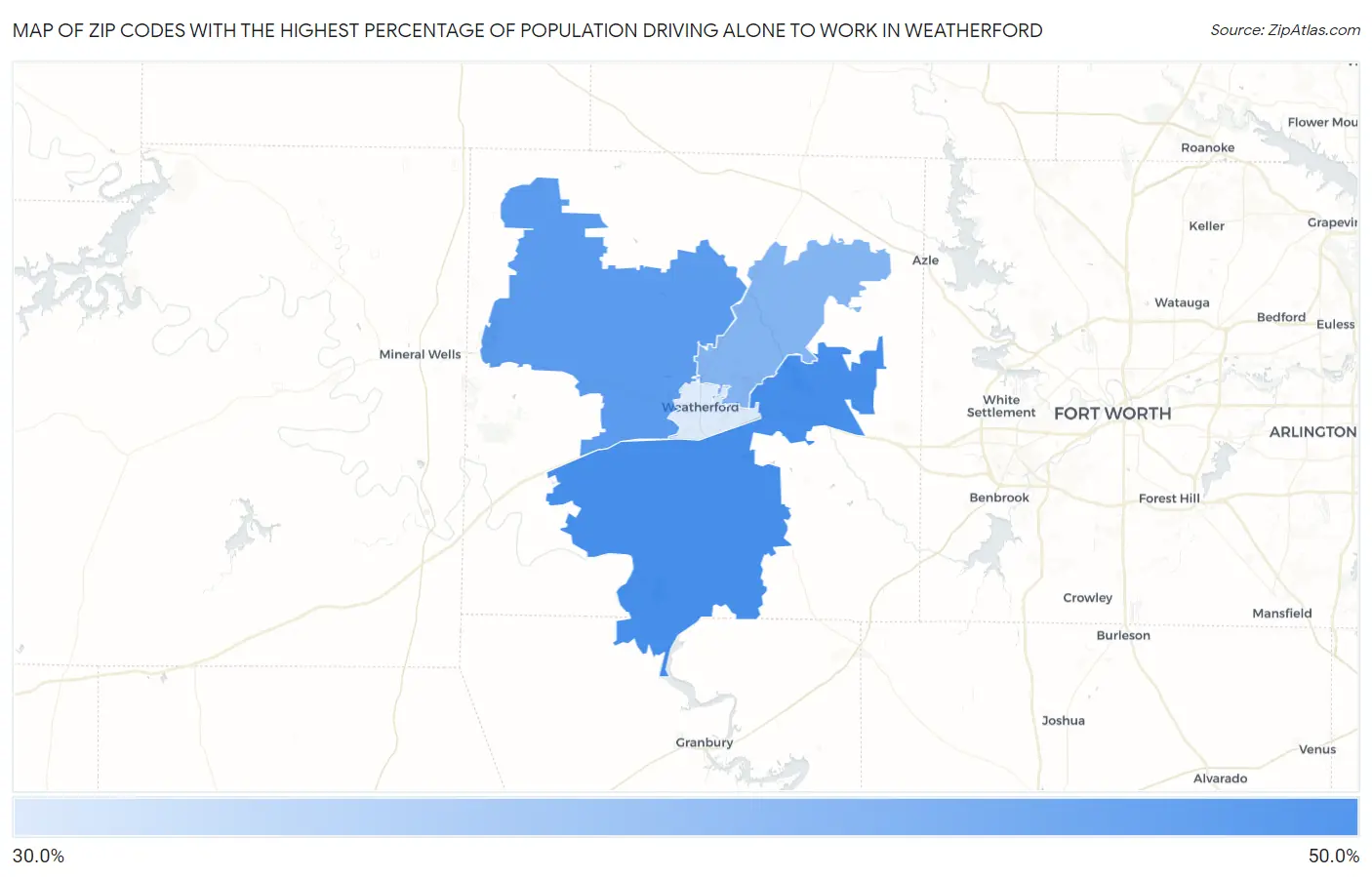 Zip Codes with the Highest Percentage of Population Driving Alone to Work in Weatherford Map