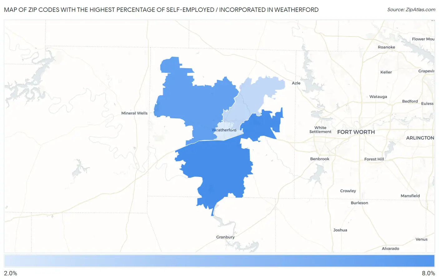 Zip Codes with the Highest Percentage of Self-Employed / Incorporated in Weatherford Map