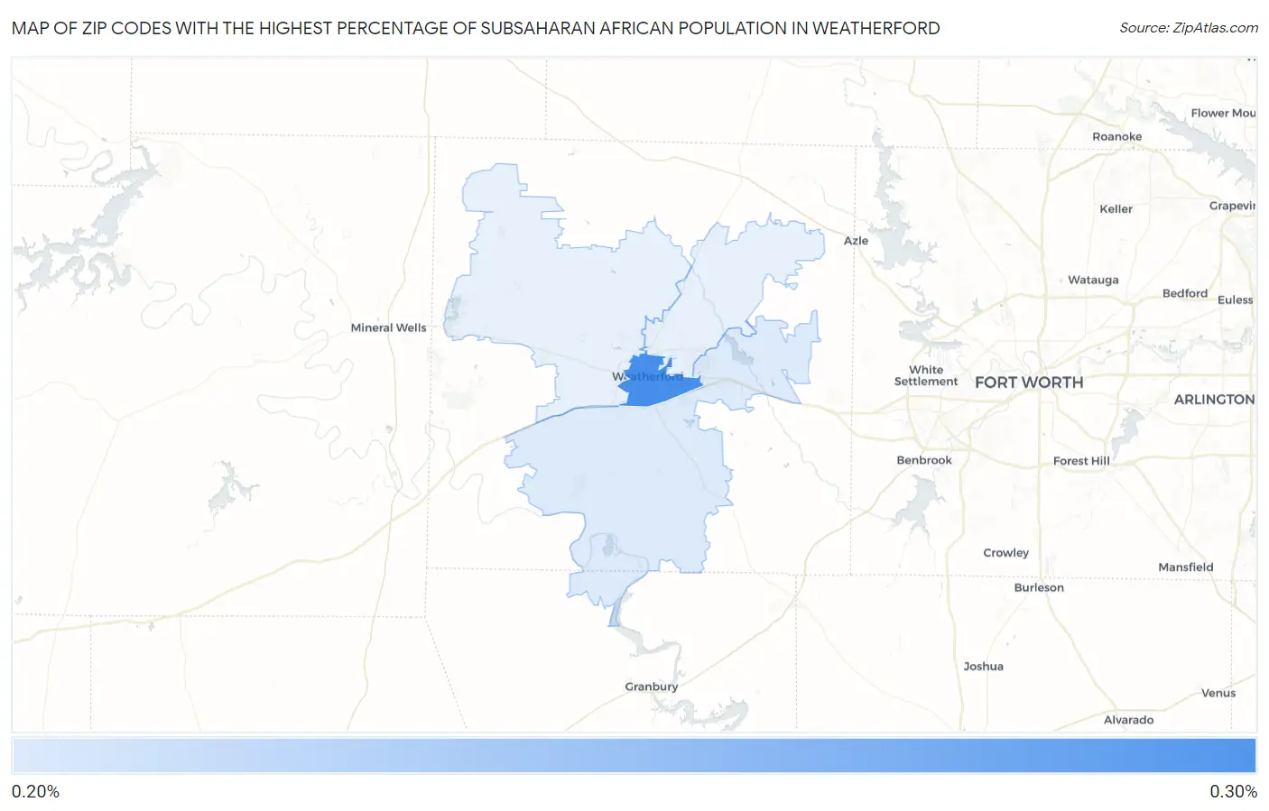 Zip Codes with the Highest Percentage of Subsaharan African Population in Weatherford Map