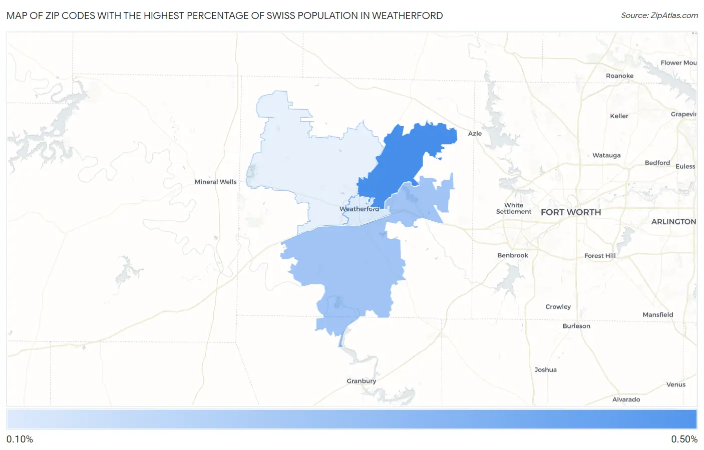 Zip Codes with the Highest Percentage of Swiss Population in Weatherford Map