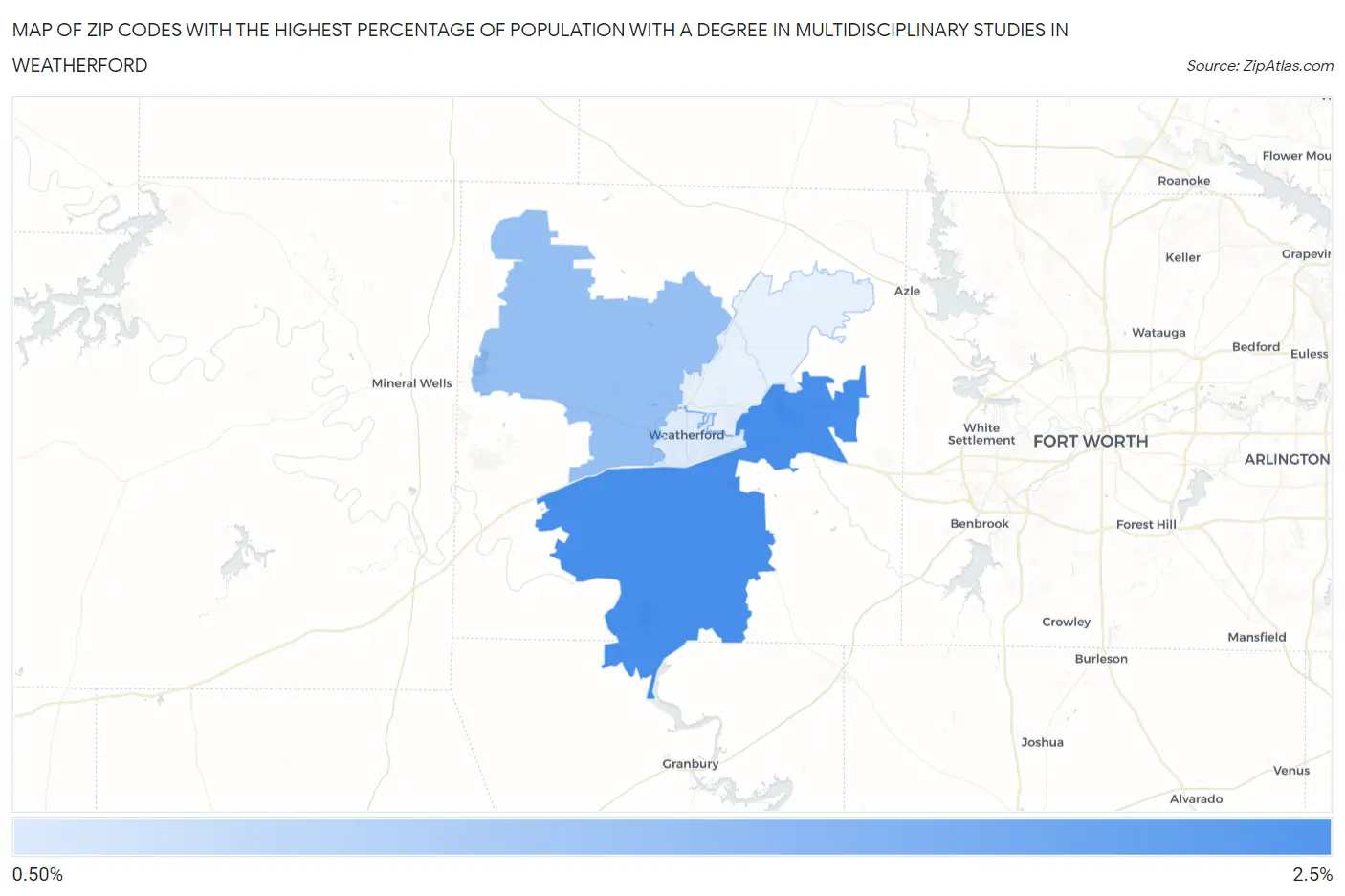Zip Codes with the Highest Percentage of Population with a Degree in Multidisciplinary Studies in Weatherford Map