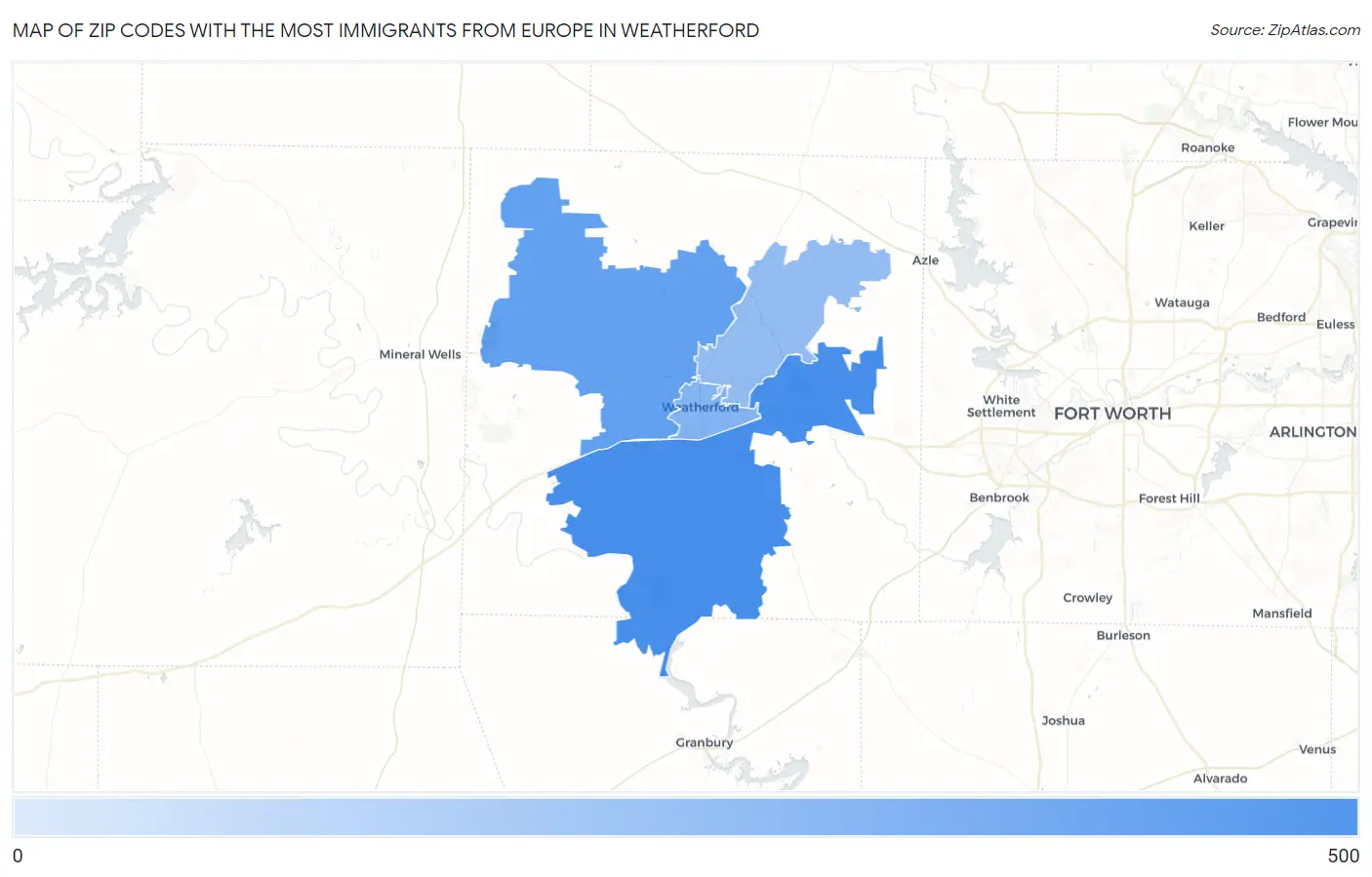 Zip Codes with the Most Immigrants from Europe in Weatherford Map