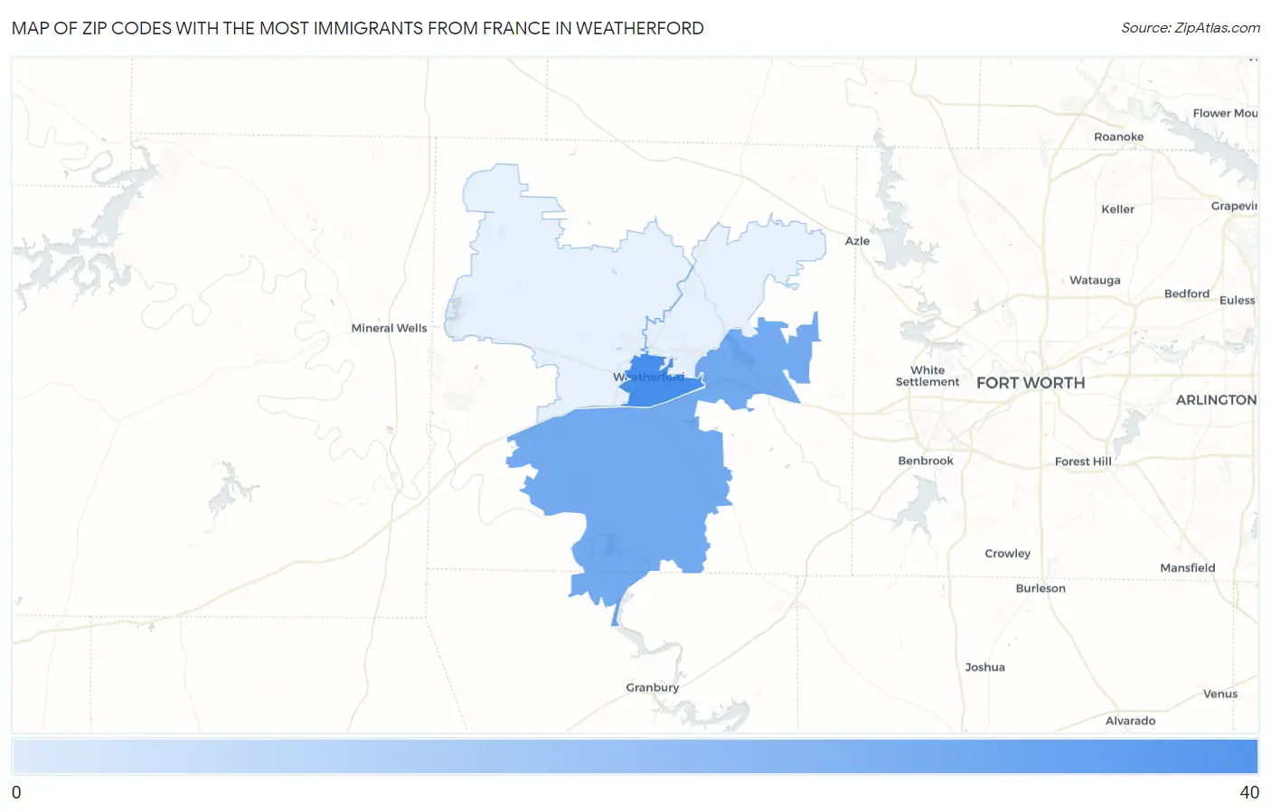 Zip Codes with the Most Immigrants from France in Weatherford Map