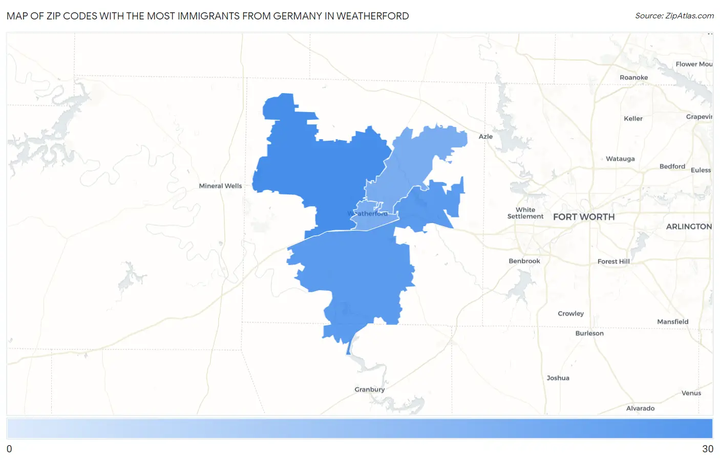 Zip Codes with the Most Immigrants from Germany in Weatherford Map
