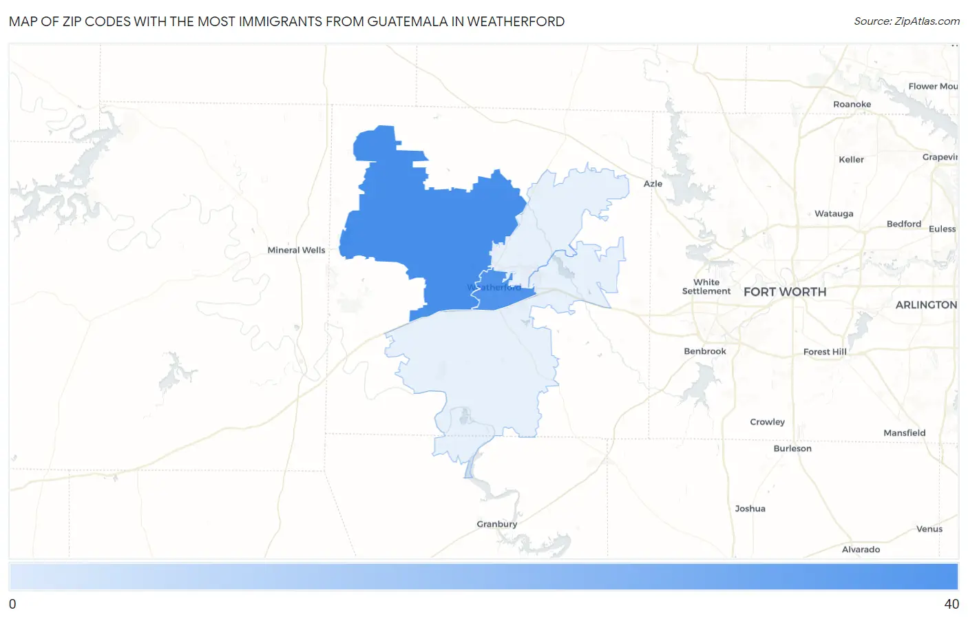 Zip Codes with the Most Immigrants from Guatemala in Weatherford Map