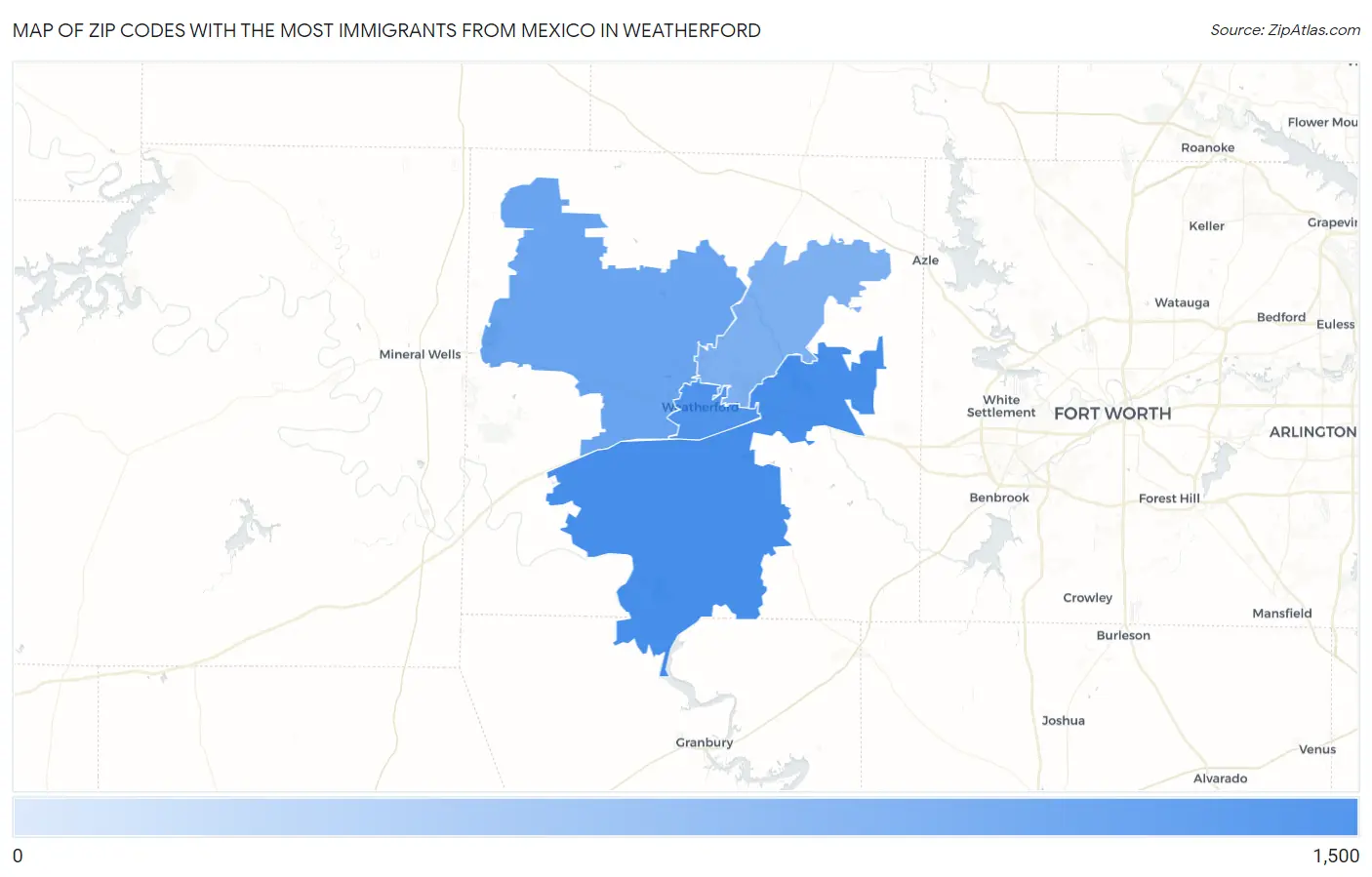Zip Codes with the Most Immigrants from Mexico in Weatherford Map