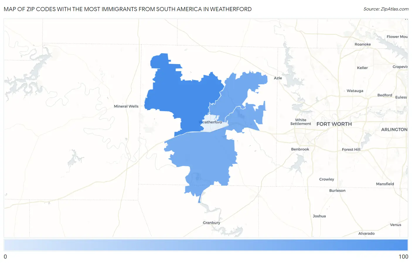 Zip Codes with the Most Immigrants from South America in Weatherford Map