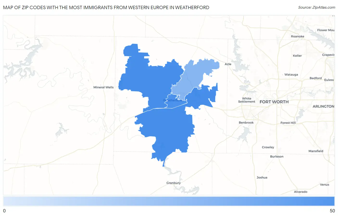 Zip Codes with the Most Immigrants from Western Europe in Weatherford Map