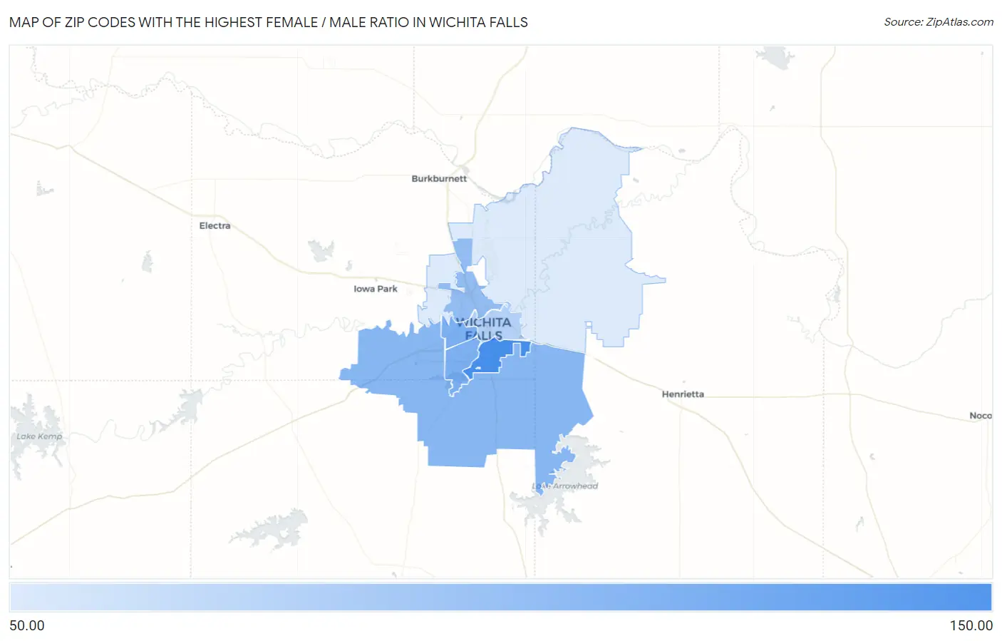 Zip Codes with the Highest Female / Male Ratio in Wichita Falls Map