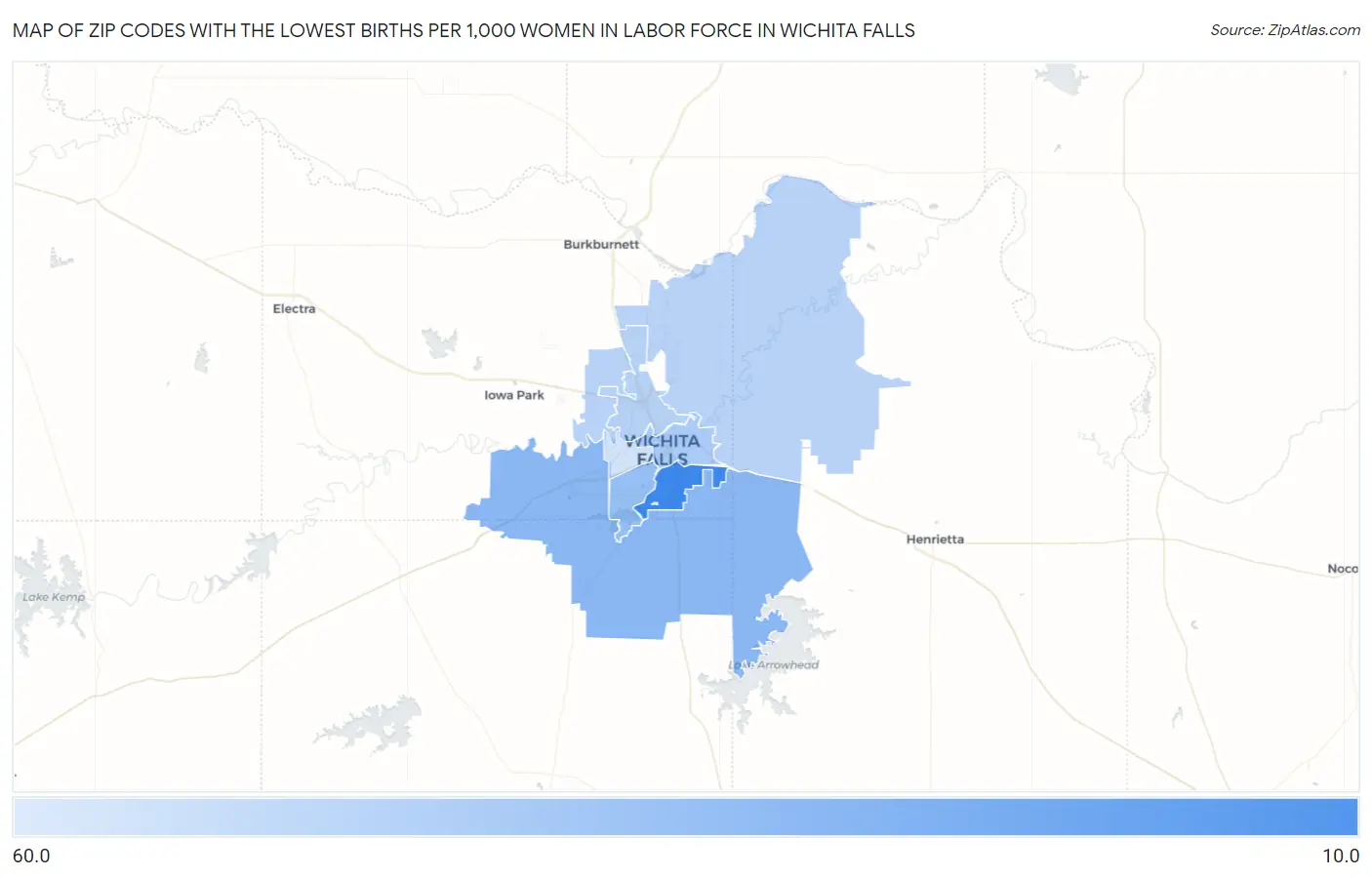 Zip Codes with the Lowest Births per 1,000 Women in Labor Force in Wichita Falls Map