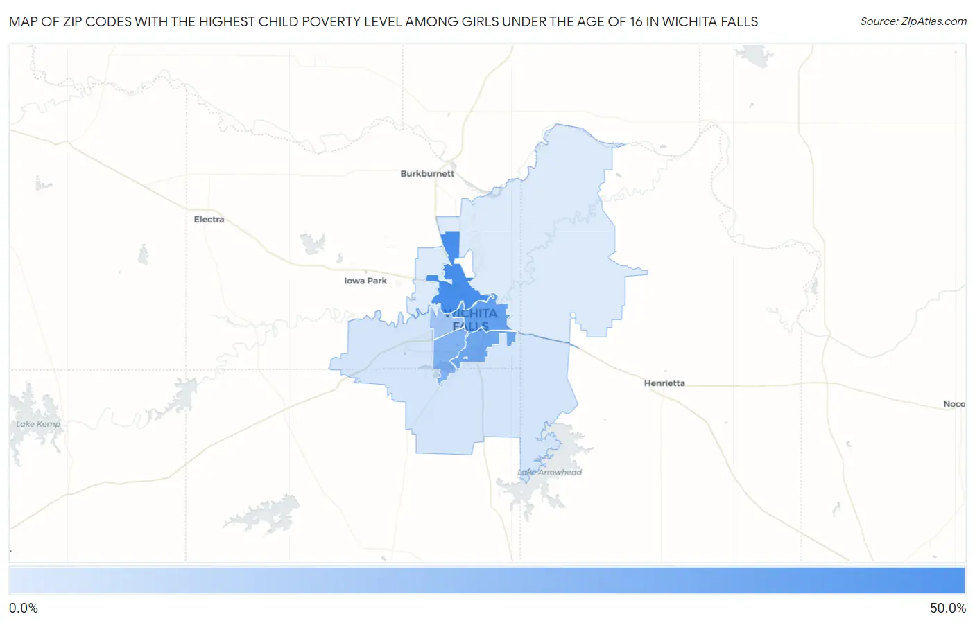 Zip Codes with the Highest Child Poverty Level Among Girls Under the Age of 16 in Wichita Falls Map