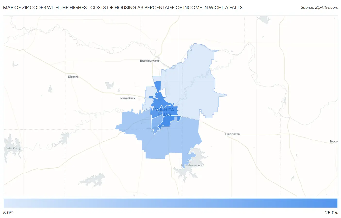 Zip Codes with the Highest Costs of Housing as Percentage of Income in Wichita Falls Map