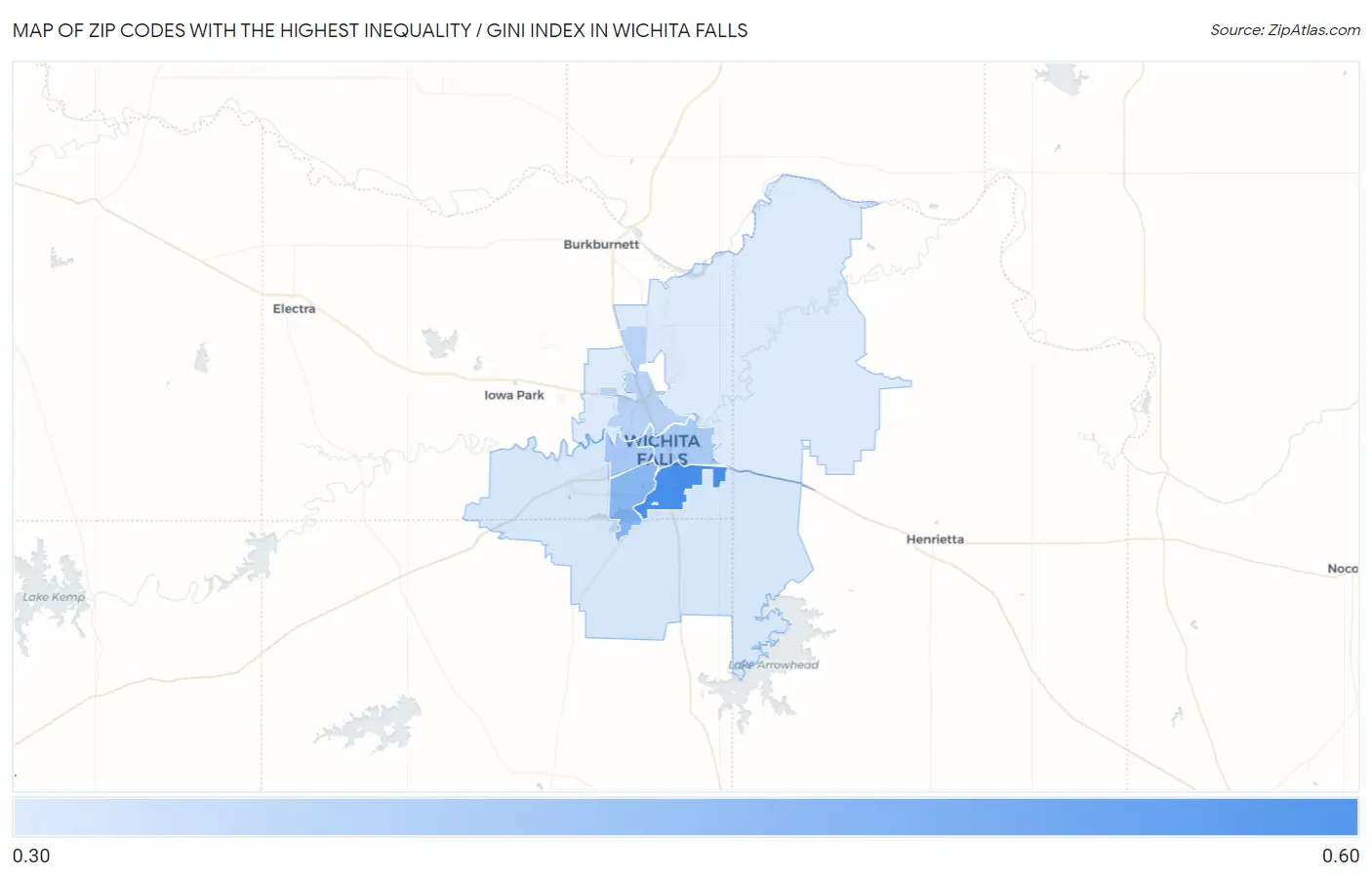 Zip Codes with the Highest Inequality / Gini Index in Wichita Falls Map