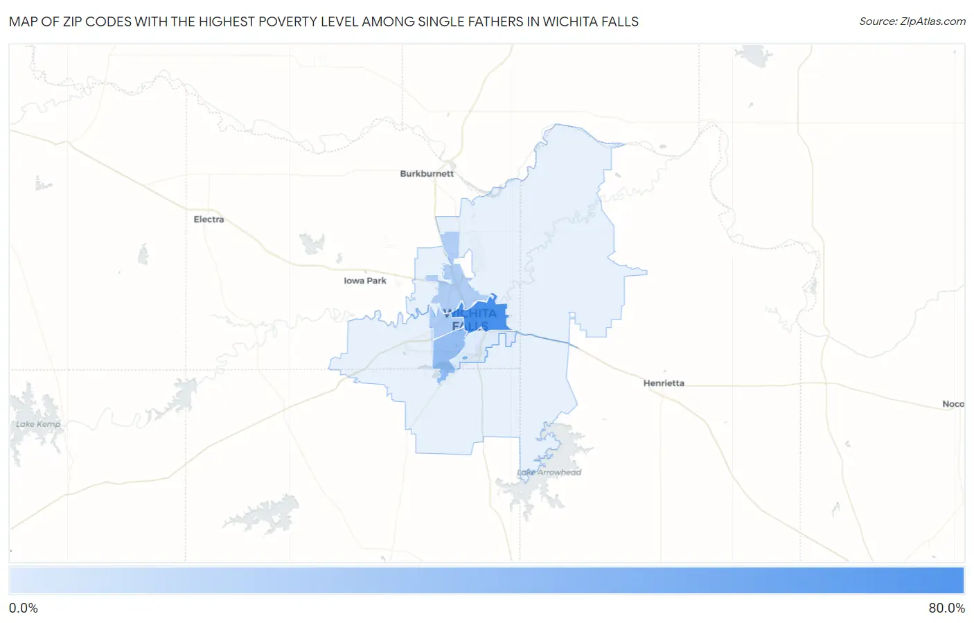 Zip Codes with the Highest Poverty Level Among Single Fathers in Wichita Falls Map