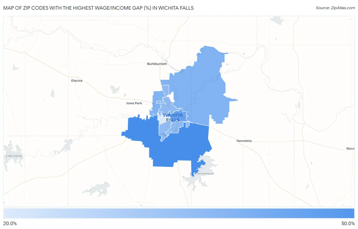 Zip Codes with the Highest Wage/Income Gap (%) in Wichita Falls Map