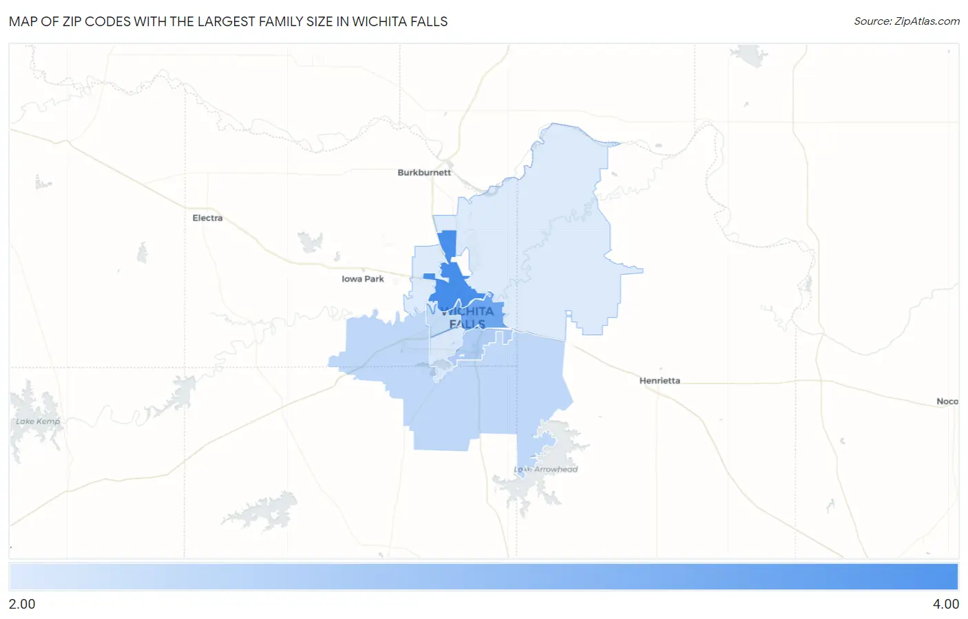 Zip Codes with the Largest Family Size in Wichita Falls Map