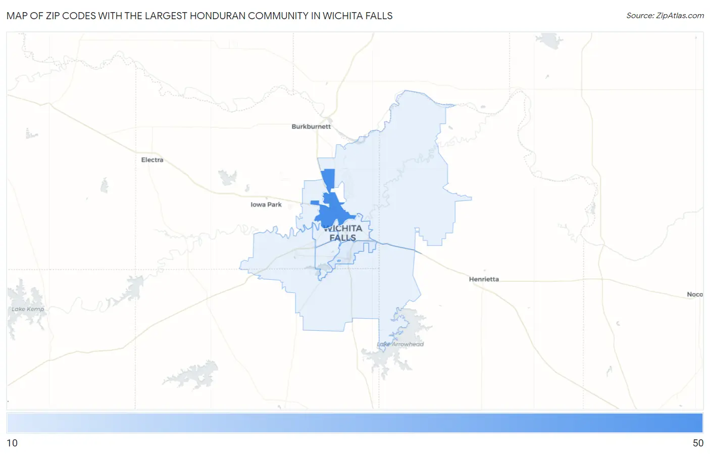 Zip Codes with the Largest Honduran Community in Wichita Falls Map