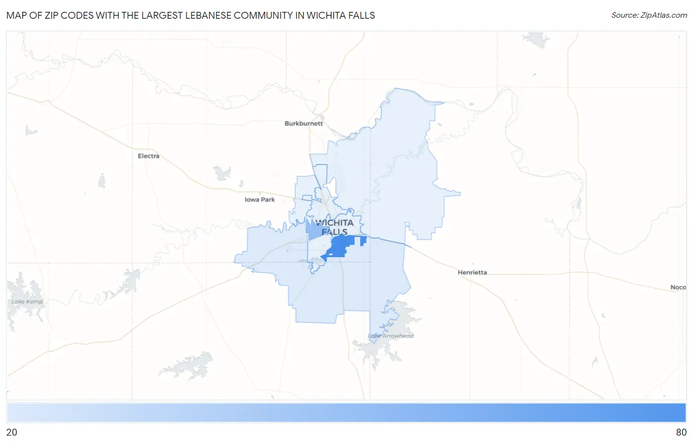 Zip Codes with the Largest Lebanese Community in Wichita Falls Map