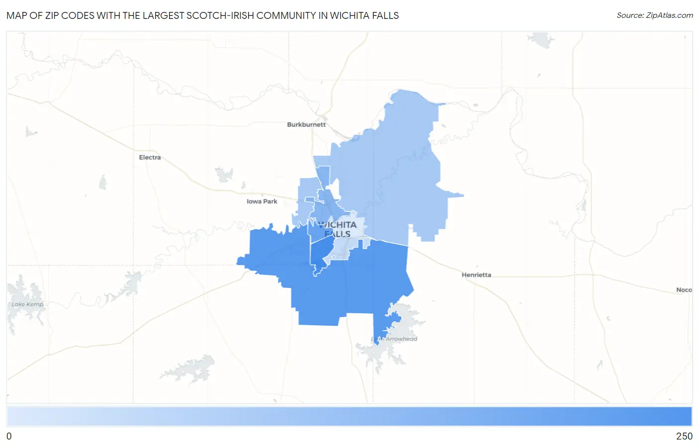 Zip Codes with the Largest Scotch-Irish Community in Wichita Falls Map