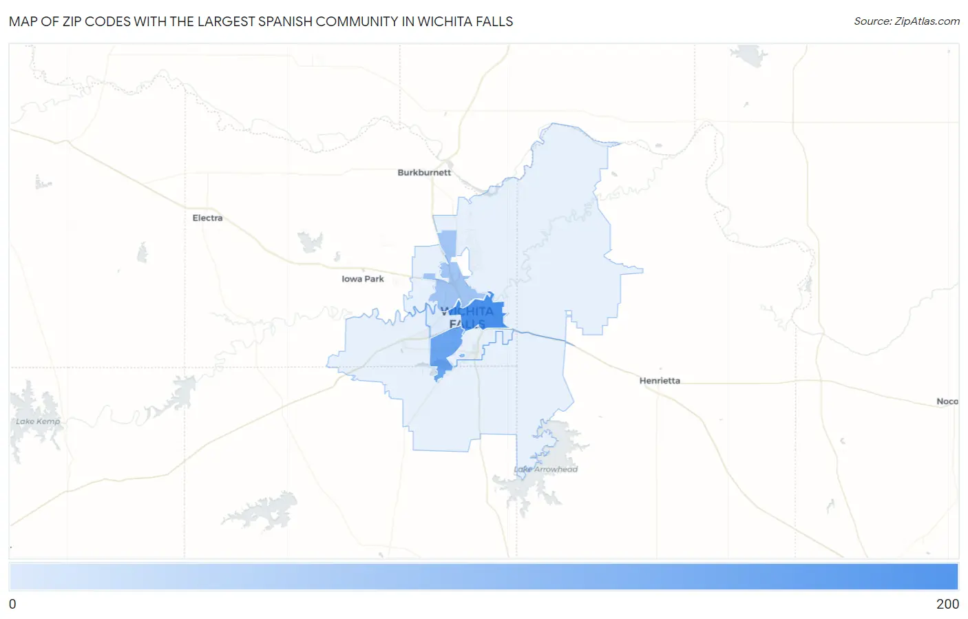 Zip Codes with the Largest Spanish Community in Wichita Falls Map