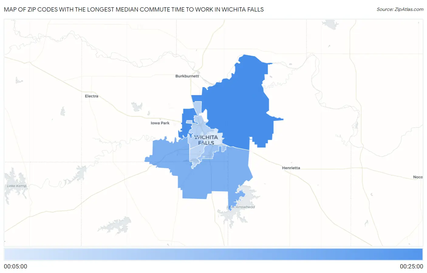 Zip Codes with the Longest Median Commute Time to Work in Wichita Falls Map