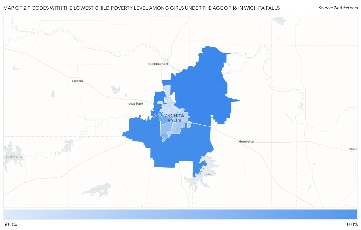 Zip Codes with the Lowest Child Poverty Level Among Girls Under the Age of 16 in Wichita Falls Map