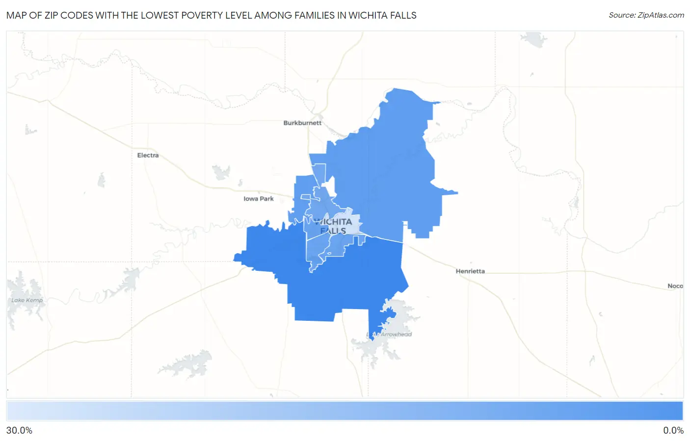 Zip Codes with the Lowest Poverty Level Among Families in Wichita Falls Map