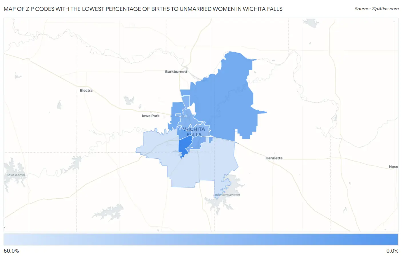 Zip Codes with the Lowest Percentage of Births to Unmarried Women in Wichita Falls Map