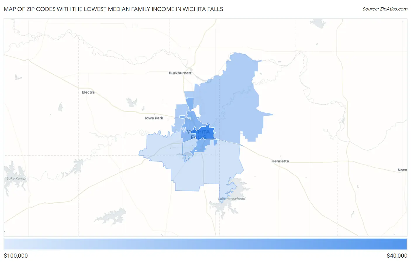 Zip Codes with the Lowest Median Family Income in Wichita Falls Map