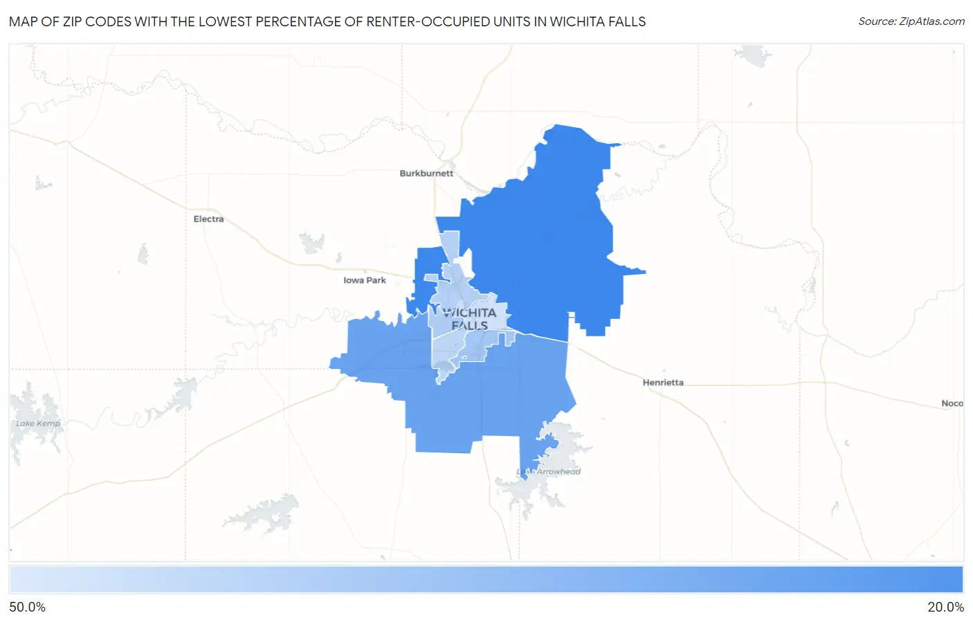 Zip Codes with the Lowest Percentage of Renter-Occupied Units in Wichita Falls Map